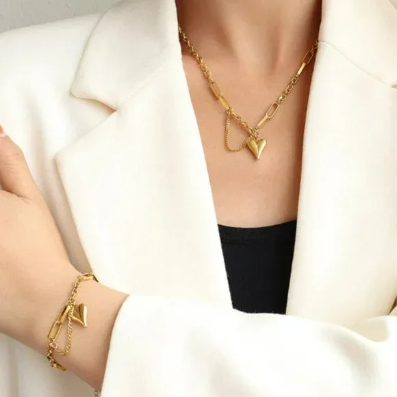 Stainless‎ Steel 18 K Metal Texture Choker Heart Pendant Necklace for Wom… - Picture 5 of 6